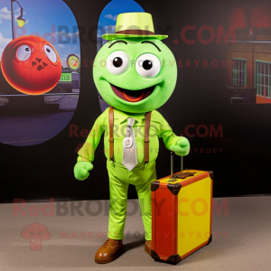 Lime Green Bagels mascot costume character dressed with a Button-Up Shirt and Briefcases