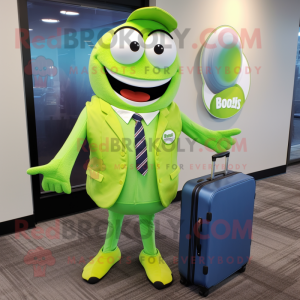 Lime Green Bagels mascot costume character dressed with a Button-Up Shirt and Briefcases