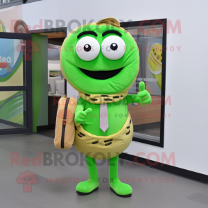 Lime Green Bagels mascot costume character dressed with a Button-Up Shirt and Briefcases