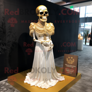 Gold Skull mascot costume character dressed with a Wedding Dress and Lapel pins