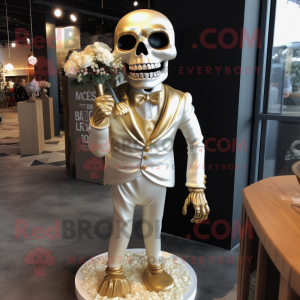 Gold Skull mascot costume character dressed with a Wedding Dress and Lapel pins