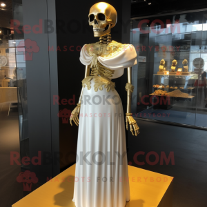 Gold Skull mascot costume character dressed with a Wedding Dress and Lapel pins