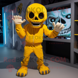 Yellow Skull mascot costume character dressed with a Joggers and Mittens