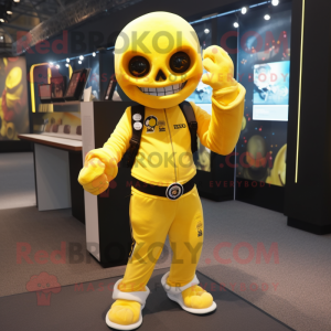 Yellow Skull mascot costume character dressed with a Joggers and Mittens