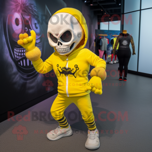 Yellow Skull mascot costume character dressed with a Joggers and Mittens