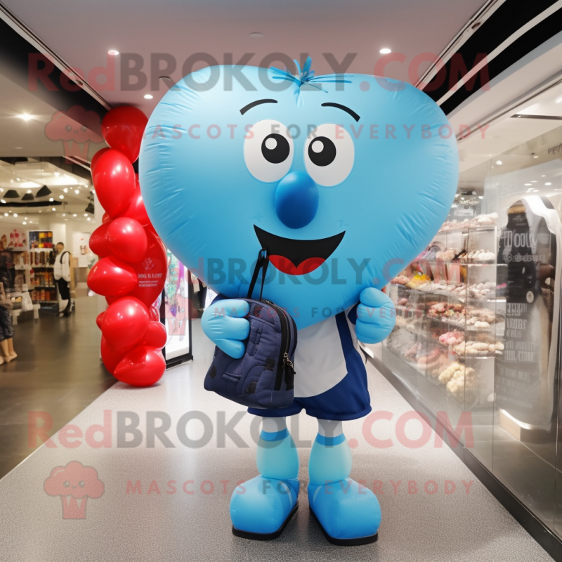Sky Blue Heart Shaped Balloons mascot costume character dressed with a Rugby Shirt and Messenger bags