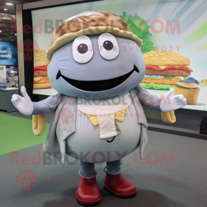 Gray Hamburger mascot costume character dressed with a Poplin Shirt and Necklaces