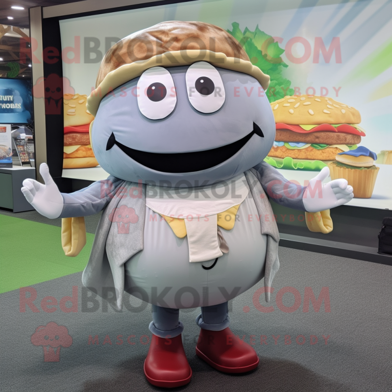 Gray Hamburger mascot costume character dressed with a Poplin Shirt and Necklaces Gray Hamburger mascot costume character dressed with a Poplin Shirt and Necklaces