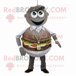 Gray Hamburger mascot costume character dressed with a Poplin Shirt and Necklaces