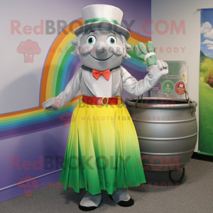 Gray Pot Of Gold mascot costume character dressed with a Empire Waist Dress and Suspenders