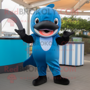Sky Blue Killer Whale mascot costume character dressed with a Romper and Keychains