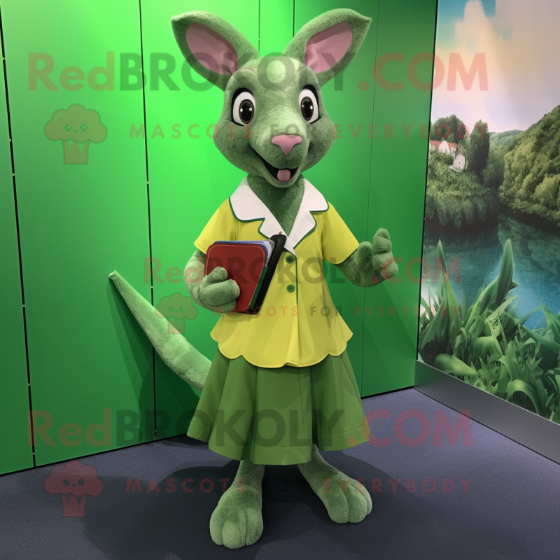 Green Kangaroo mascot costume character dressed with a A-Line Skirt and Coin purses