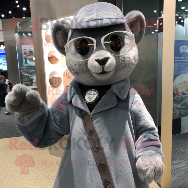 Silver Jaguarundi mascot costume character dressed with a Coat and Eyeglasses Silver Jaguarundi mascot costume character dressed with a Coat and Eyeglasses