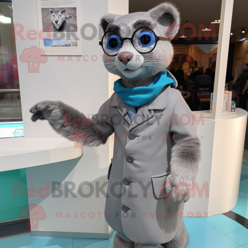 Silver Jaguarundi mascot costume character dressed with a Coat and Eyeglasses Silver Jaguarundi mascot costume character dressed with a Coat and Eyeglasses