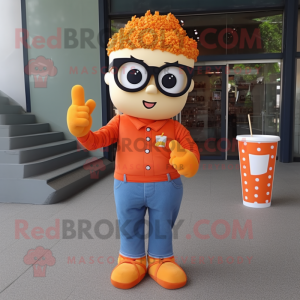 Orange Pop Corn mascot costume character dressed with a Bootcut Jeans and Reading glasses