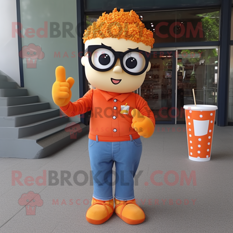Orange Pop Corn mascot costume character dressed with a Bootcut Jeans and Reading glasses Orange Pop Corn mascot costume character dressed with a Bootcut Jeans and Reading glasses