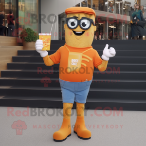 Orange Pop Corn mascot costume character dressed with a Bootcut Jeans and Reading glasses