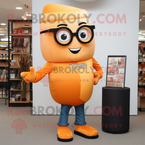 Orange Pop Corn mascot costume character dressed with a Bootcut Jeans and Reading glasses