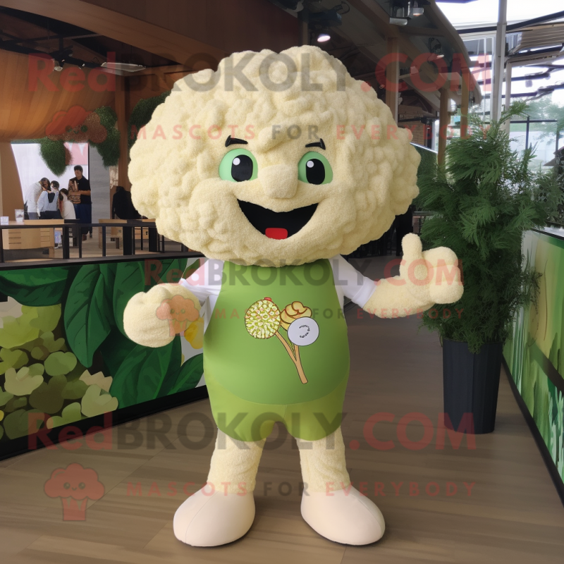 Olive Cauliflower mascot costume character dressed with a Henley Shirt and Brooches