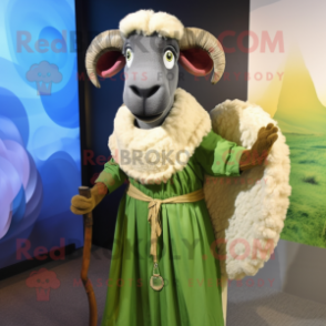 Olive Ram mascot costume character dressed with a Maxi Skirt and Shawl pins