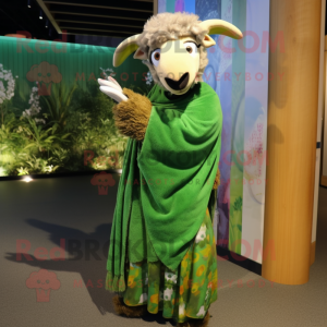 Olive Ram mascot costume character dressed with a Maxi Skirt and Shawl pins