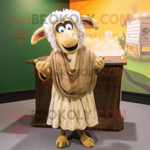 Olive Ram mascot costume character dressed with a Maxi Skirt and Shawl pins