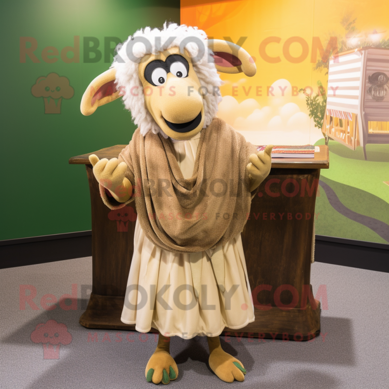 Olive Ram mascot costume character dressed with a Maxi Skirt and Shawl pins Olive Ram mascot costume character dressed with a Maxi Skirt and Shawl pins