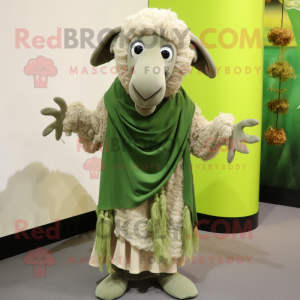 Olive Ram mascot costume character dressed with a Maxi Skirt and Shawl pins