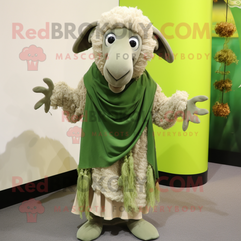 Olive Ram mascot costume character dressed with a Maxi Skirt and Shawl pins