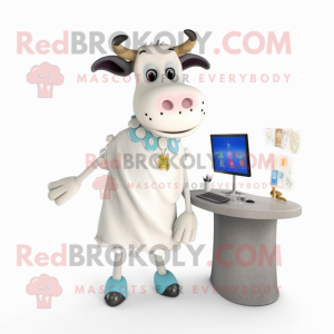 White Jersey Cow mascot costume character dressed with a Pencil Skirt and Hairpins