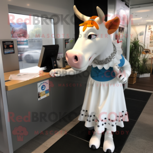 White Jersey Cow mascot costume character dressed with a Pencil Skirt and Hairpins