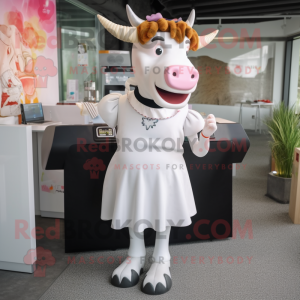 White Jersey Cow mascot costume character dressed with a Pencil Skirt and Hairpins