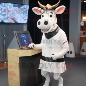 White Jersey Cow mascot costume character dressed with a Pencil Skirt and Hairpins