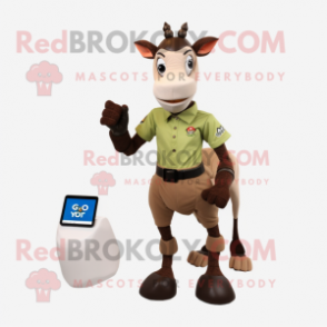 Beige Okapi mascot costume character dressed with a Polo Tee and Smartwatches