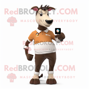 Beige Okapi mascot costume character dressed with a Polo Tee and Smartwatches
