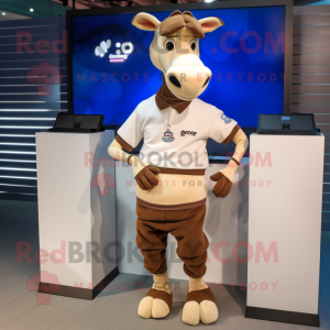 Beige Okapi mascot costume character dressed with a Polo Tee and Smartwatches