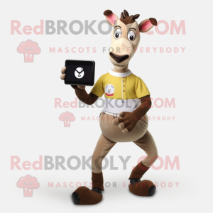 Beige Okapi mascot costume character dressed with a Polo Tee and Smartwatches