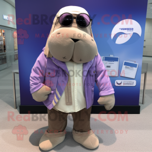 Lavender Walrus mascot costume character dressed with a Moto Jacket and Scarves