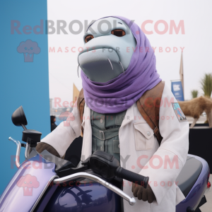Lavender Walrus mascot costume character dressed with a Moto Jacket and Scarves