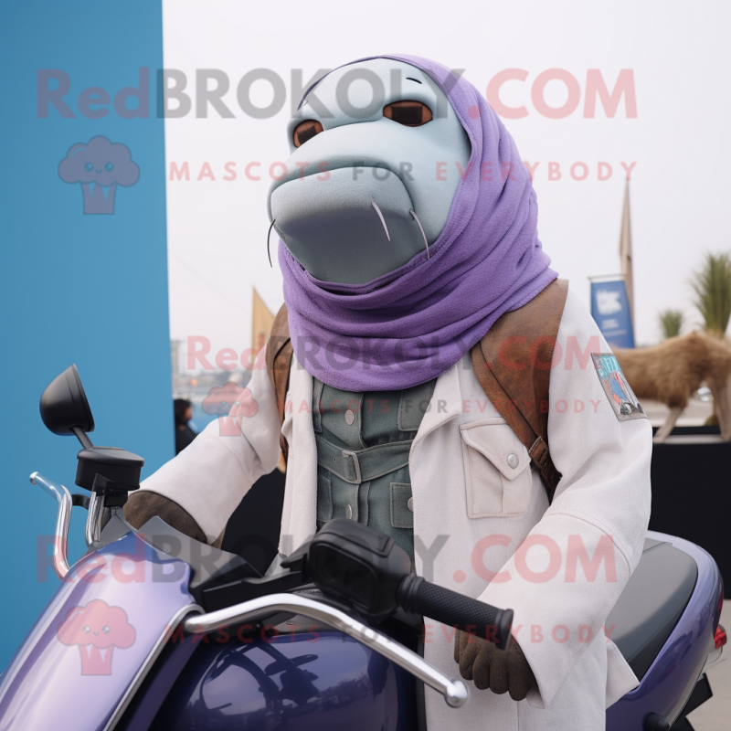 Lavender Walrus mascot costume character dressed with a Moto Jacket and Scarves Lavender Walrus mascot costume character dressed with a Moto Jacket and Scarves