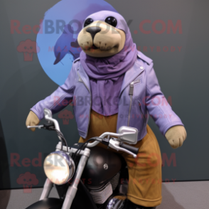 Lavender Walrus mascot costume character dressed with a Moto Jacket and Scarves