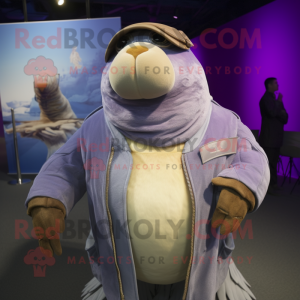 Lavender Walrus mascot costume character dressed with a Moto Jacket and Scarves