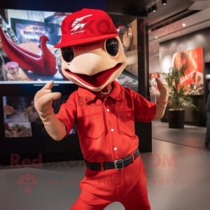 Red Dimorphodon mascot costume character dressed with a Polo Tee and Berets