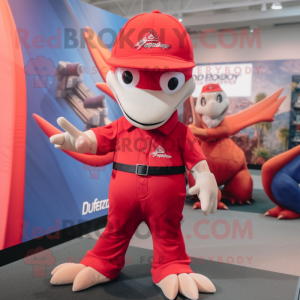 Red Dimorphodon mascot costume character dressed with a Polo Tee and Berets