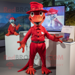 Red Dimorphodon mascot costume character dressed with a Polo Tee and Berets