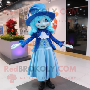 Sky Blue Witch mascot costume character dressed with a Blouse and Bow ties