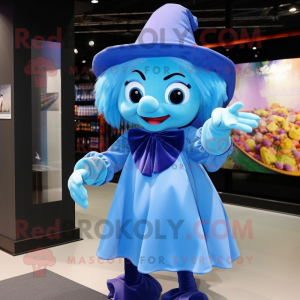 Sky Blue Witch mascot costume character dressed with a Blouse and Bow ties