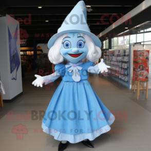 Sky Blue Witch mascot costume character dressed with a Blouse and Bow ties