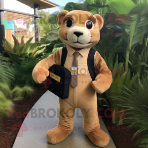 Tan Jaguarundi mascot costume character dressed with a Suit Jacket and Backpacks