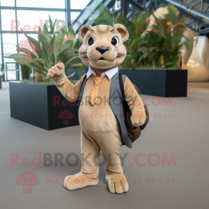 Tan Jaguarundi mascot costume character dressed with a Suit Jacket and Backpacks